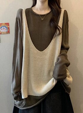 大码女装假两件马甲拼接针织衫