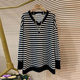 V领遮肉显瘦长袖 撞色条纹中长款 上衣T恤女 胖MM300斤加大码 春秋季