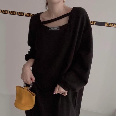 秋冬季漏锁骨显瘦女装长袖连衣裙