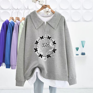 春秋季 胖MM2 假两件女装 翻领拼接显瘦中长款 卫衣 300斤宽松加大码