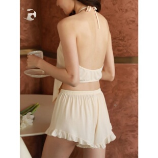 挂脖式 300斤大码 露背吊带上衣睡衣套装 薄款 女夏季 胖MM荷叶边短裤