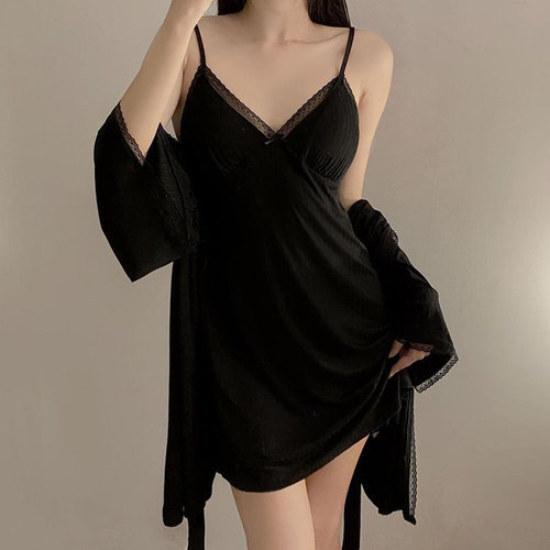 胖MM大码简约V领长袖家居服春夏季300斤舒适吊带睡裙女装睡衣睡袍