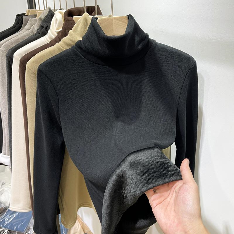 秋冬高领纯色打底衫加绒加厚上衣