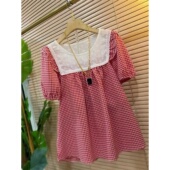 上衣300斤大码 T恤女红色格子圆领宽松减龄中长款 蕾丝拼接短袖 韩版