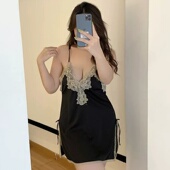 300斤超大码 纯欲风蕾丝花边V领吊带裙女夏天冰丝薄款 性感开叉睡裙