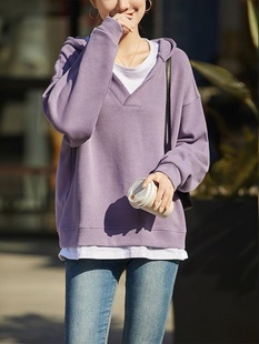 卫衣女 春秋季 300斤大码 胖MM时尚 韩系纯色假两件拼接减龄连帽长袖