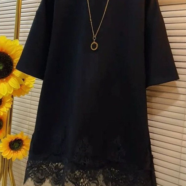 胖MM气质蕾丝高级感短袖上衣女大码休闲拼接套头T恤衫300斤中长款