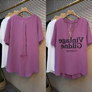 显瘦露背拼接超大码 胖MM300斤设计款 时尚 T恤夏季 上衣 字母印花短袖