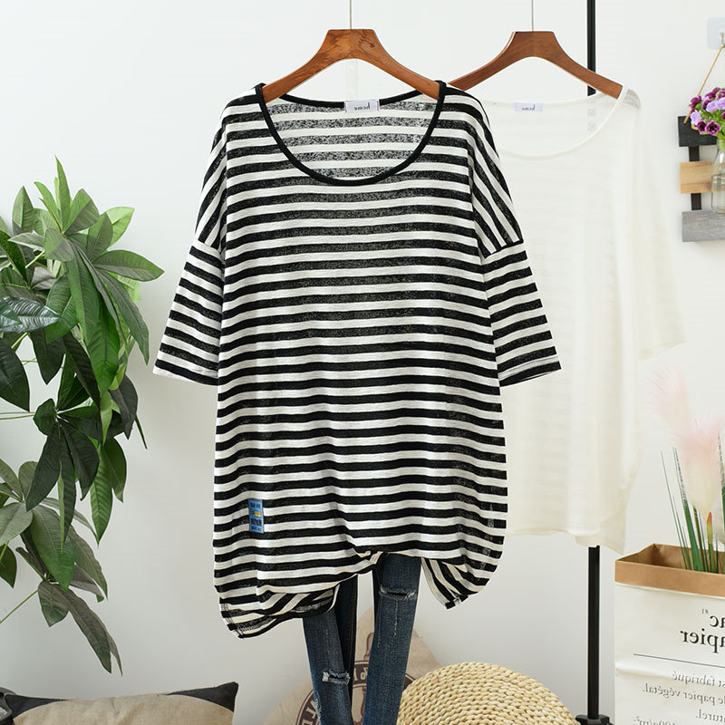 300斤大码透气凉爽针织大圆领口T恤女胖MM短袖防晒条纹上衣中长款