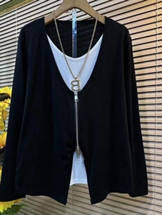 撞色假两件拉链拼接长袖 宽松中长款 上衣女 胖MM300斤特大码 春秋装