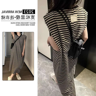 女装 胖妹妹2 连衣裙 背心裙夏季 气质条纹拼接无袖 300斤超大码 时尚
