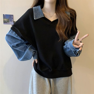 薄款 拼接假两件牛仔外套翻领300斤女装 上衣ins 300斤特大码 胖MM2