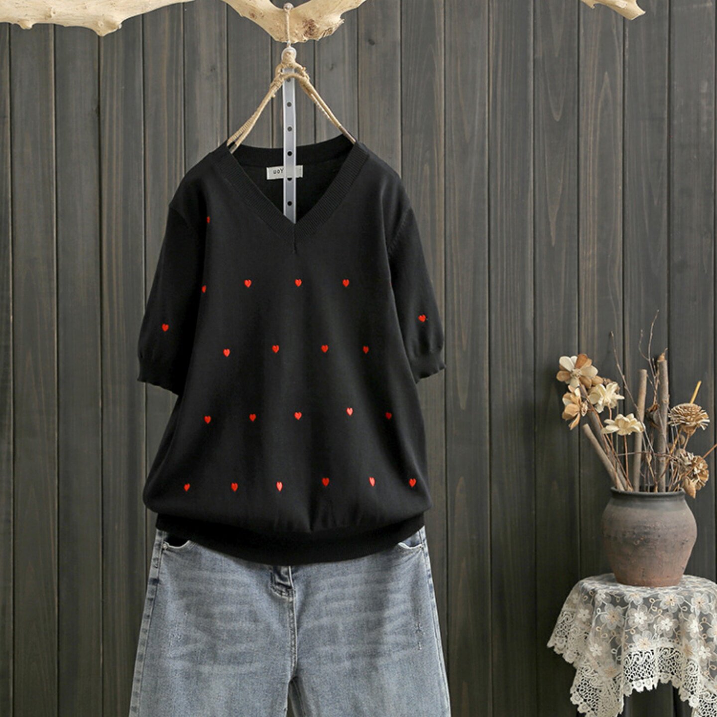 休闲风V领爱心刺绣针织衫300斤大码短袖套头宽冰丝百搭甜美上衣女