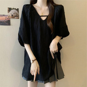 温柔风气质纯色正肩时尚 胖妹妹300斤超大码 夏款 法式 中长款 女上衣