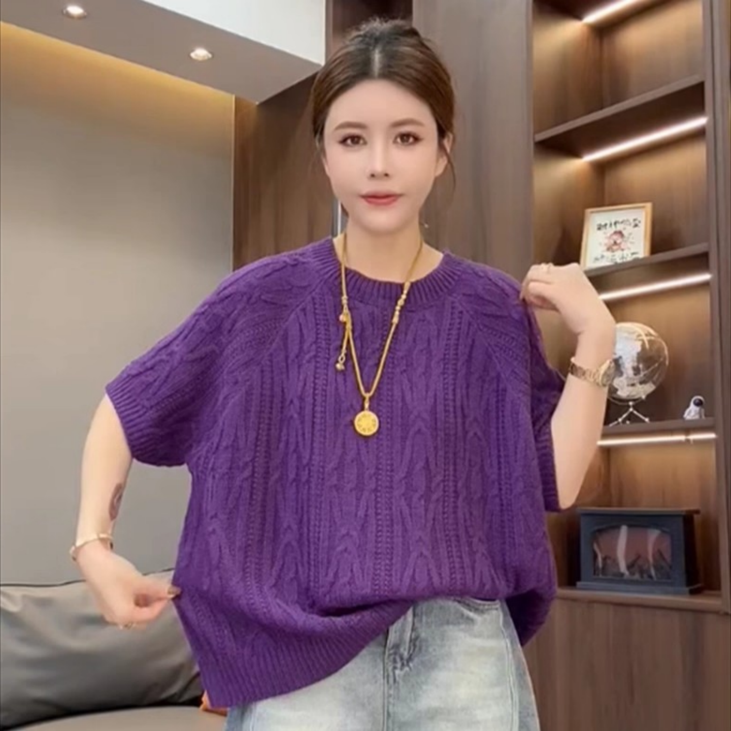 胖MM大码秋冬韩版圆领纯色麻花针织短袖T恤女显瘦百搭打底毛衣衫