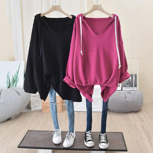 小心机V领休闲外套潮 连帽卫衣女宽松上衣早秋薄款 胖MM2 300斤大码