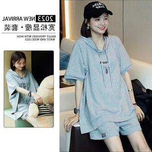 胖妹妹2-300斤特大码慵懒休闲简约连帽短袖运动服套装夏季女装ins