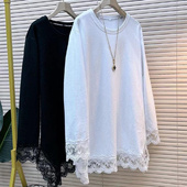 300斤超大码 长袖 纯色拼接下摆蕾丝花边设计春秋季 胖MM2 女装 上衣