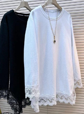 胖MM2-300斤超大码长袖纯色拼接下摆蕾丝花边设计春秋季女装上衣