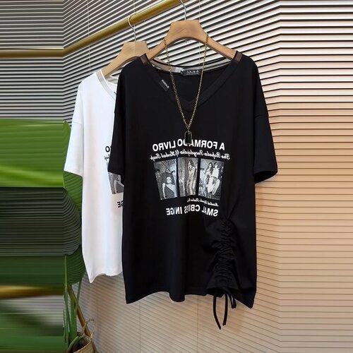 胖MM宽松遮肚子抽绳短袖T恤衫大码时髦拼接印花上衣中长款300斤夏