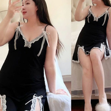 女款300斤纯欲风花边拼接吊带睡裙胖MM简约V领纯色家居服大码睡衣