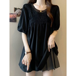 设计感百搭超大码 衬衫 上衣 高级感钩花镂空拼接短袖 胖MM300斤夏季