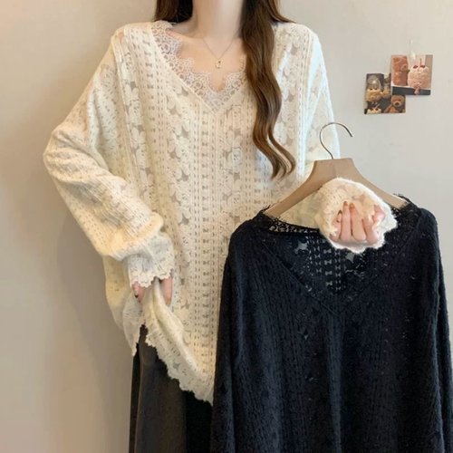 V领蕾丝衫大码宽松中长款