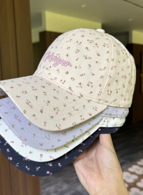 韩系甜美小碎花刺绣棒球帽子女宽弯檐大头围显脸小遮阳防晒鸭舌帽