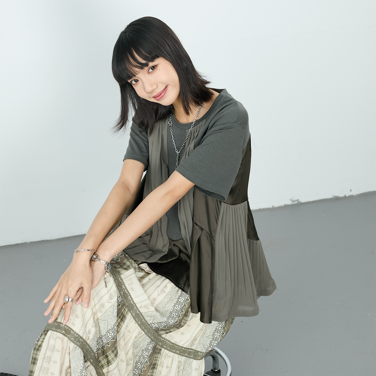 inkday日系轻复古雪纺百褶拼接上衣女 2026夏装新款百搭短袖T恤