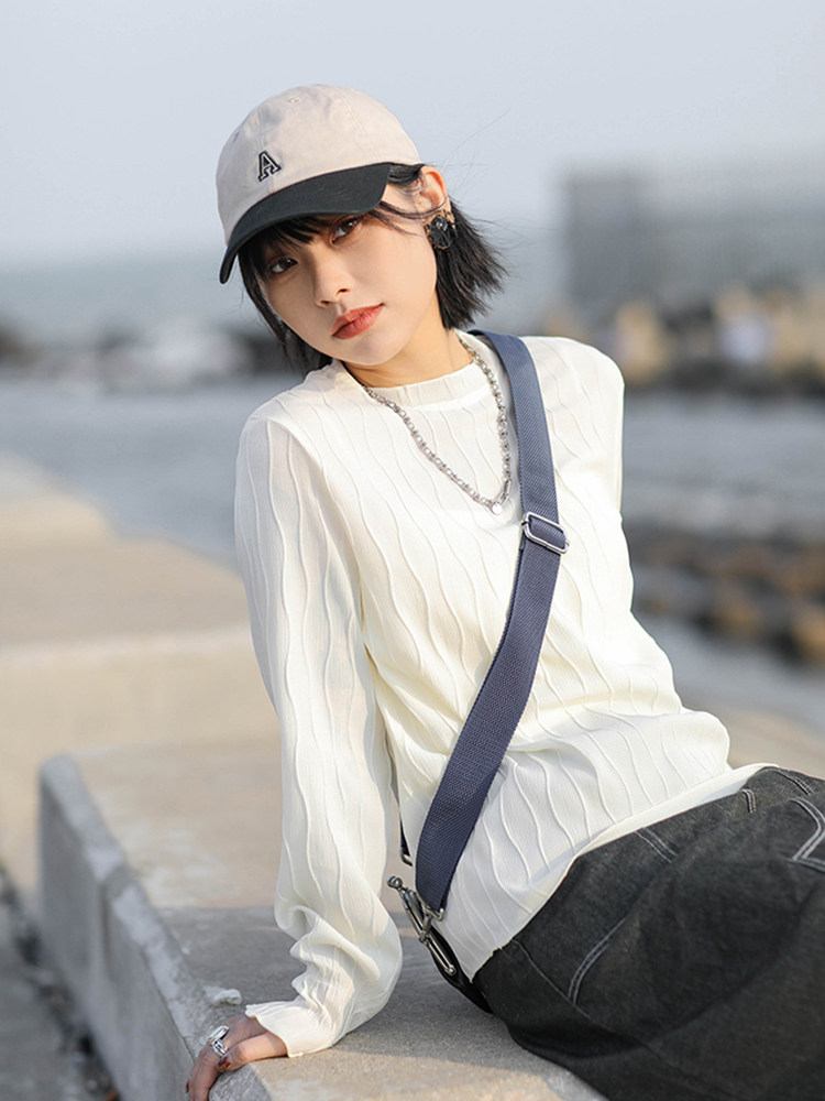 inkday日系轻复古波浪纹立领雪纺上衣女 微喇叭袖口气质通勤长袖