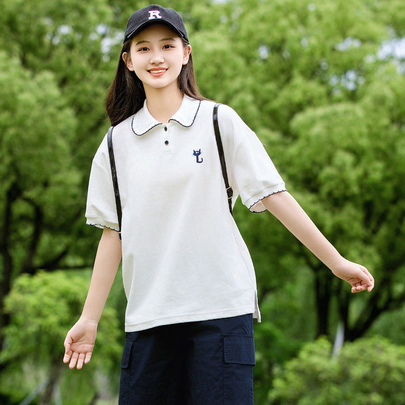 新款初中学生短袖T恤棉少女大童夏季中生夏装高中生休闲白色上衣