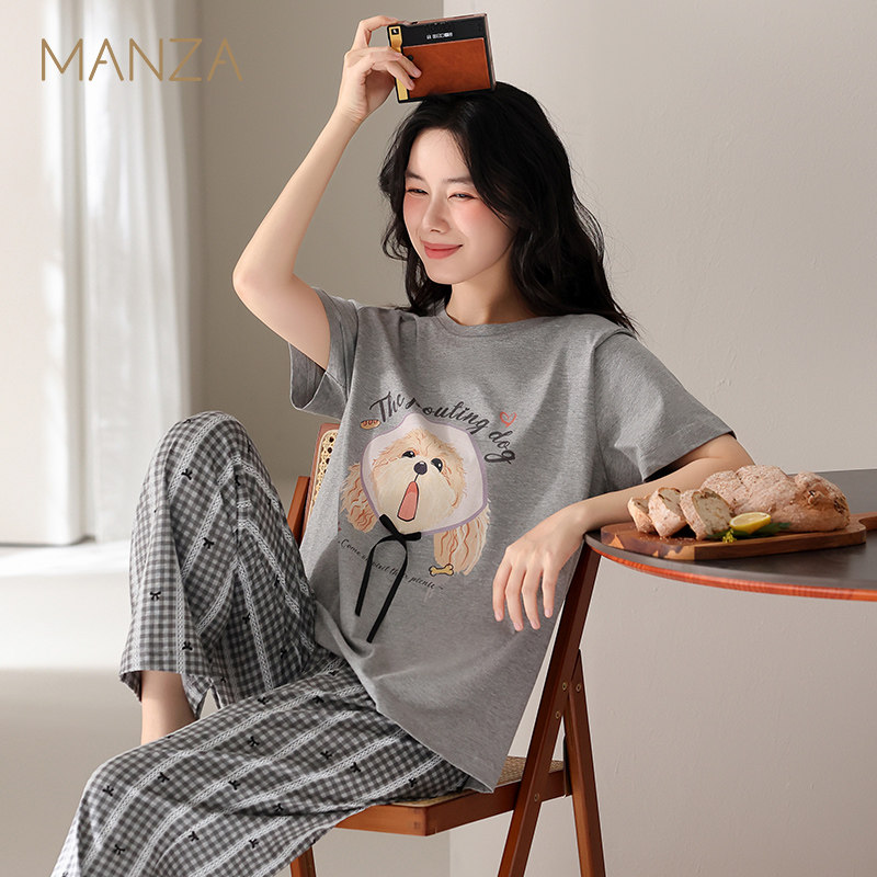 玛伦萨7A抑菌+防螨100%纯棉睡衣女新款可外穿短袖长裤家居服套装