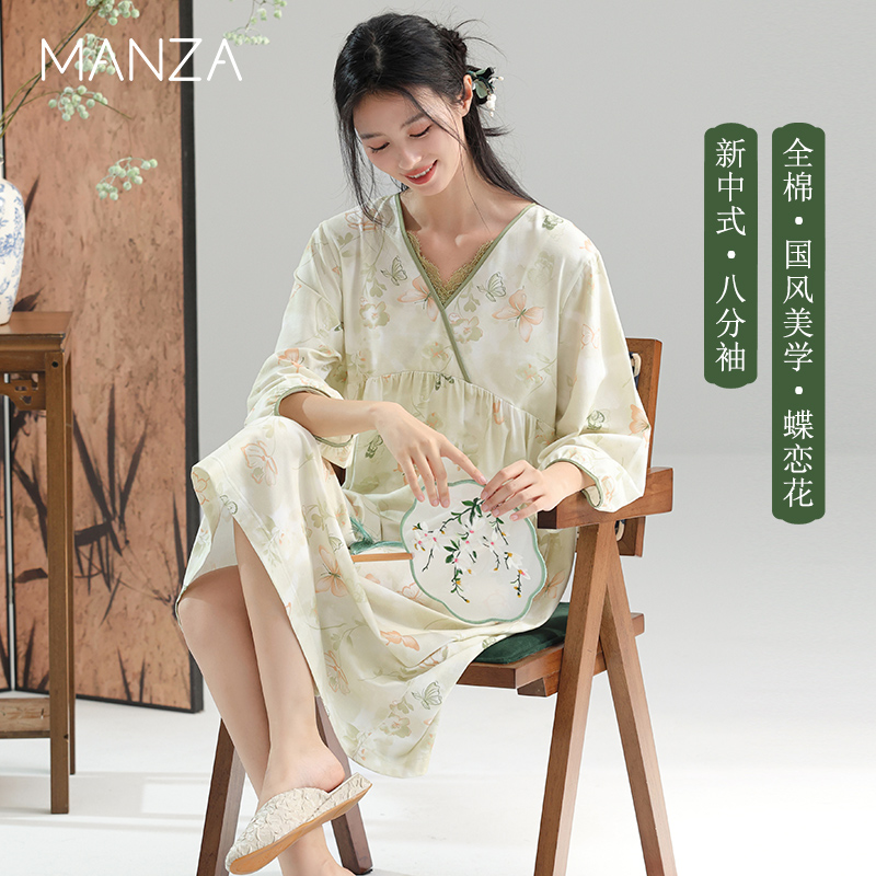 纯棉睡裙女春秋新款新中式连衣裙