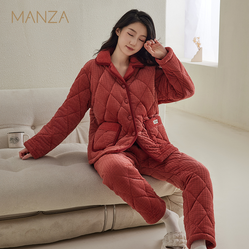 玛伦萨睡衣女冬季珊瑚绒夹棉三层加厚加绒红色结婚年家居服套装