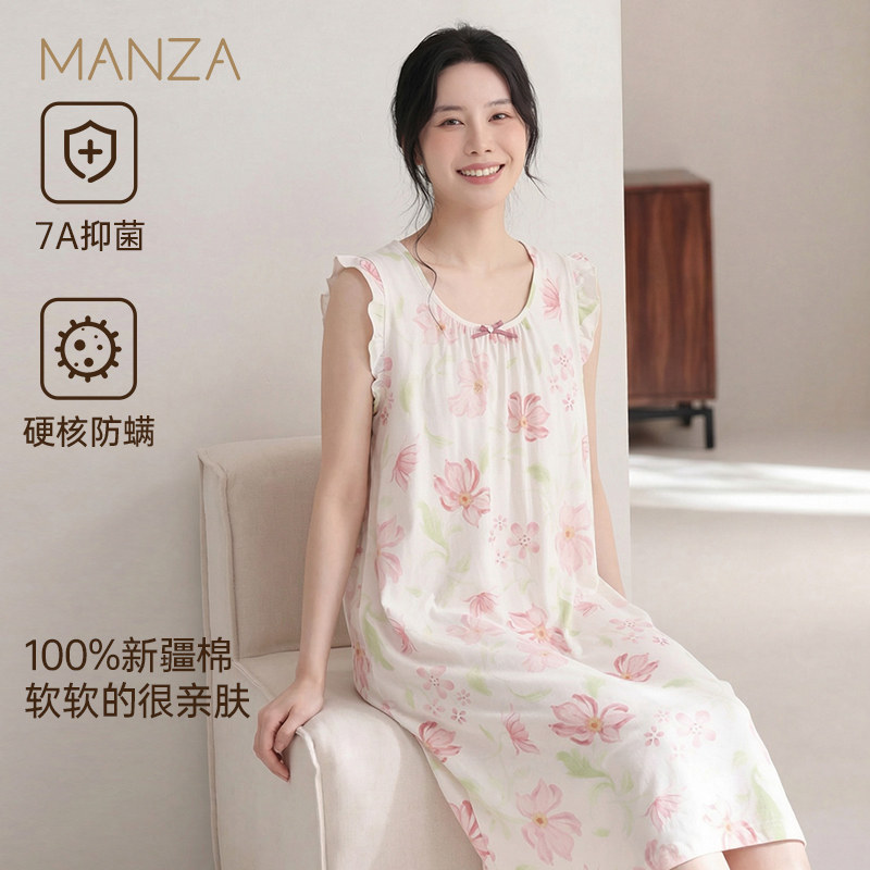 玛伦萨100%纯棉睡裙女夏季薄款7A抑菌防螨背心连衣裙女士家居服