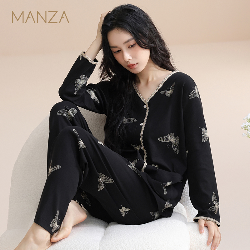 纯棉睡衣女春秋季长袖长裤大码