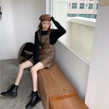 韩版气质显瘦pu皮吊带秋冬背带裙子1