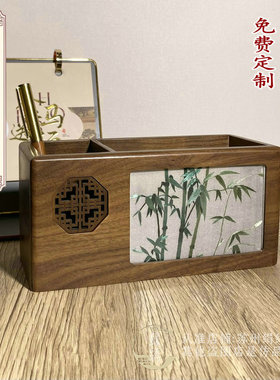 苏绣手工双面绣笔筒胡桃木摆件