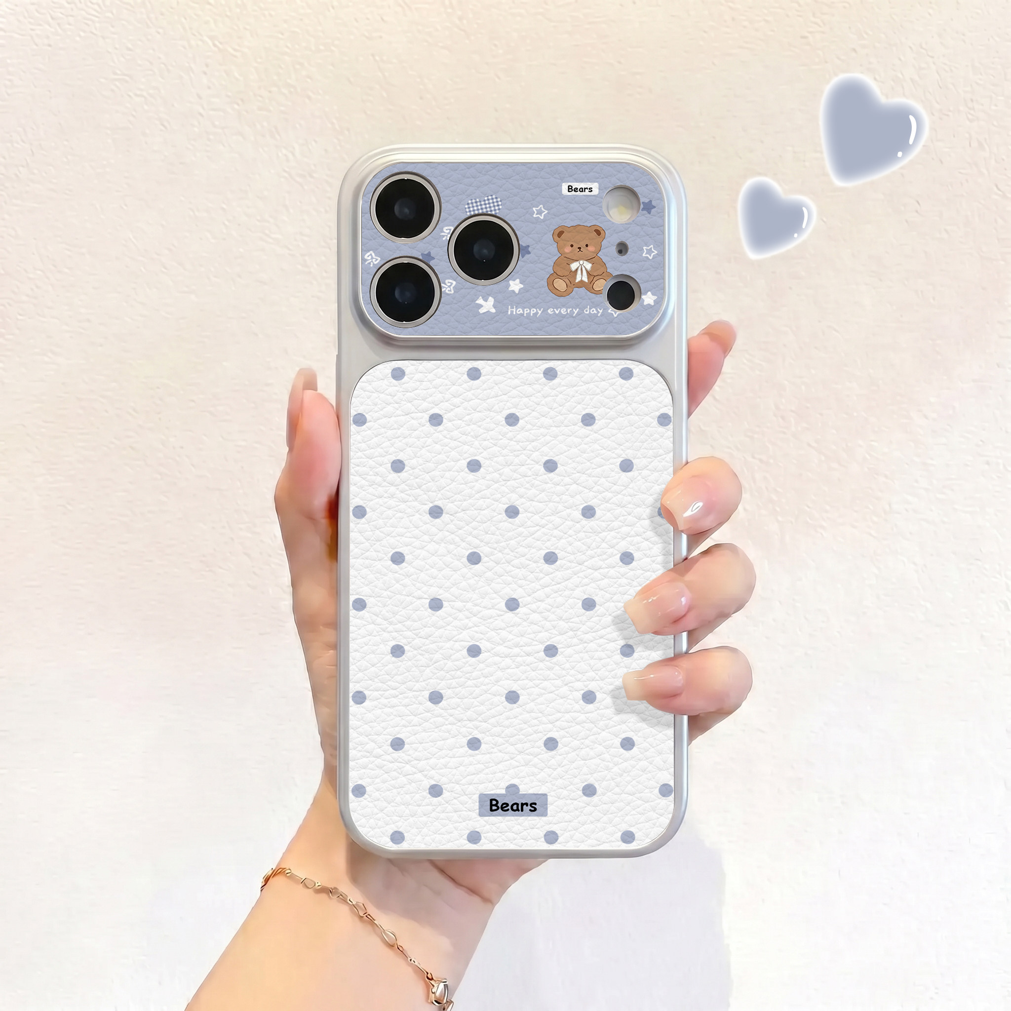 蓝灰波点小熊适用iPhone17不会撞壳手机壳新款苹果17promax仿皮16pro皮纹壳17pro保护套ip16男女15卡通14可爱