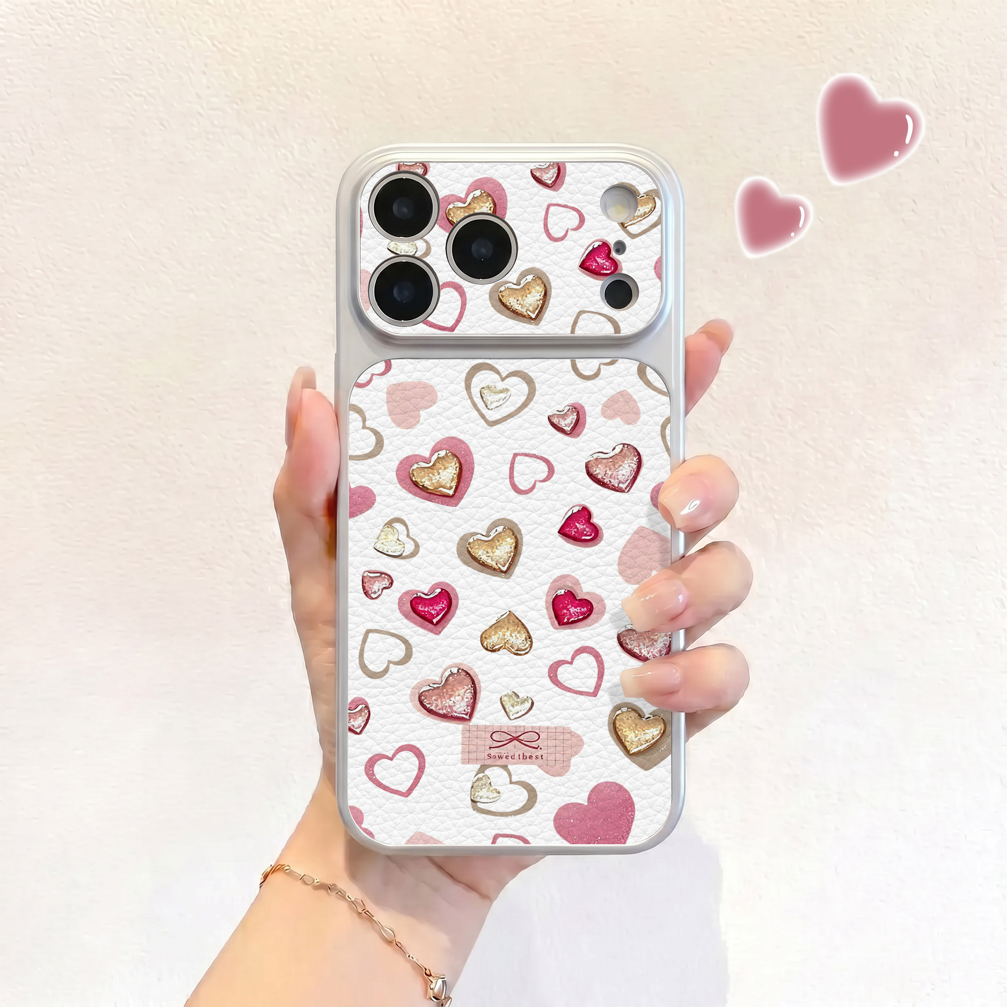 粉白金爱心适用iPhone17不会撞壳手机壳新款苹果17promax仿皮16pro皮纹壳17pro保护套ip16男女15卡通14可爱