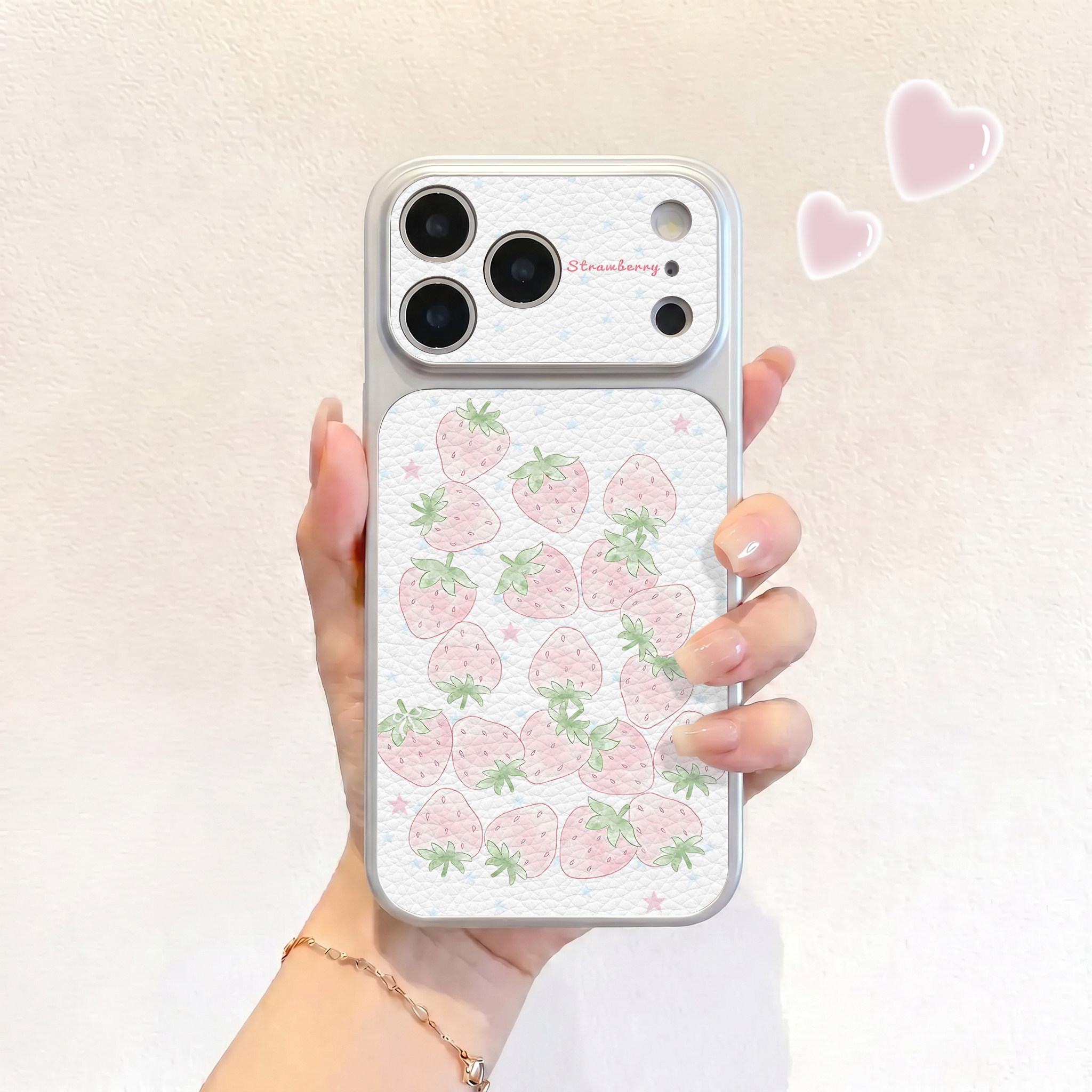 粉色奶油草莓适用iPhone17不会撞壳手机壳新款苹果17promax仿皮16pro皮纹壳17pro保护套ip16男女15卡通14可爱