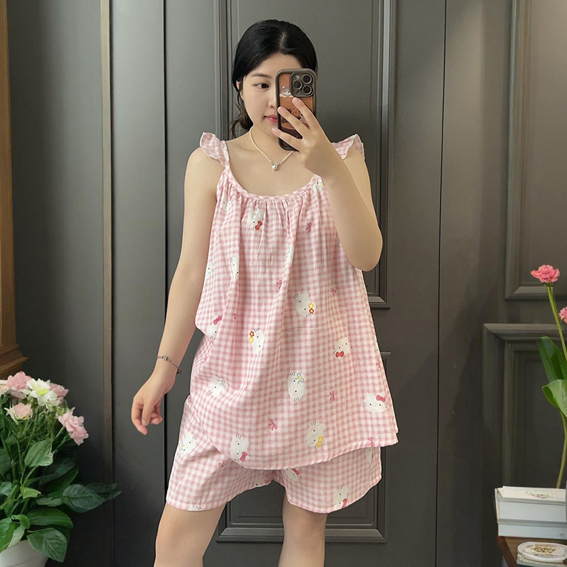 夏季韩系小清新飞飞袖吊带短裤睡衣女大码碎花波点印花可爱家居服