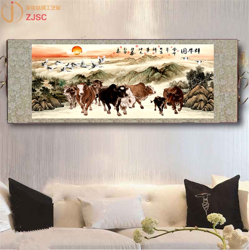 丝绸卷轴动物画玄关客厅装饰画群牛图八牛风水挂画现代中式水墨横图片