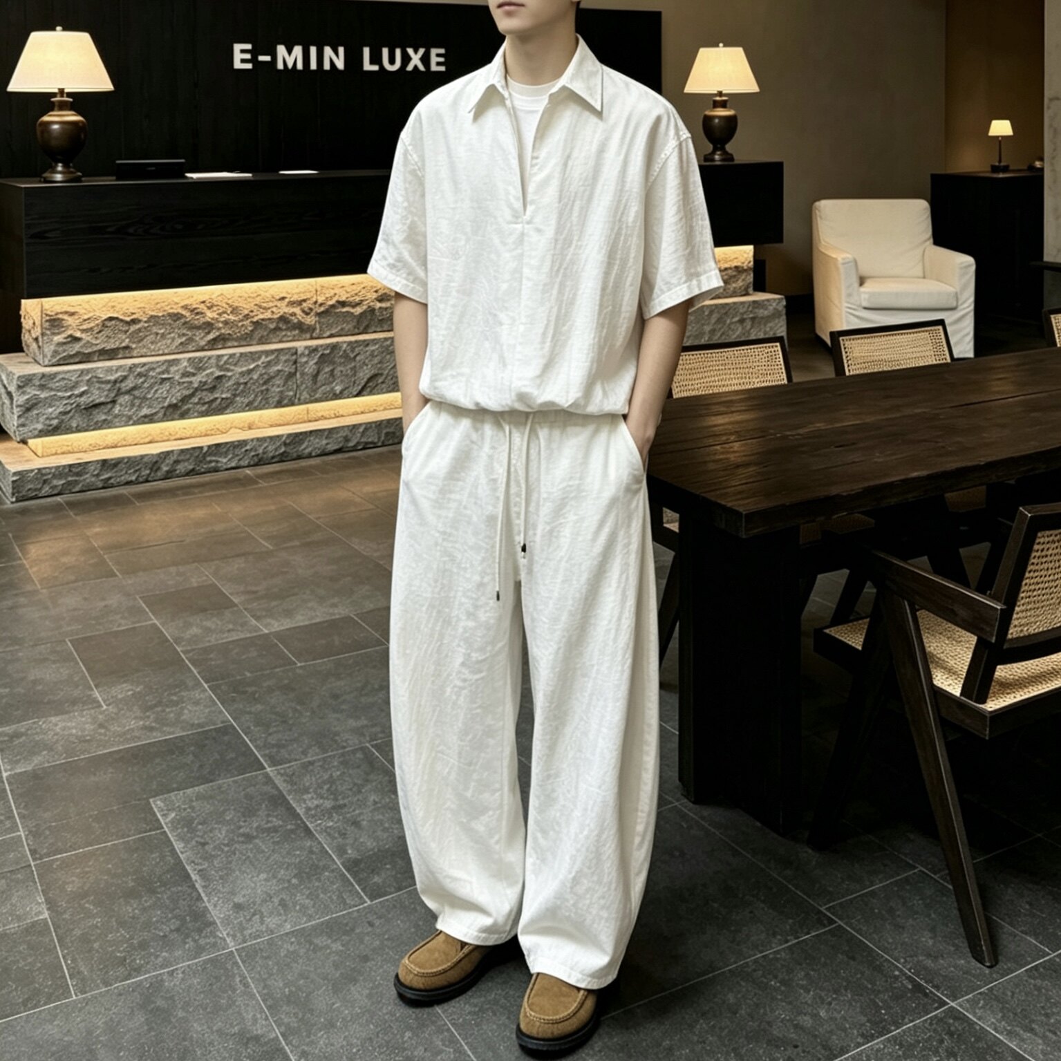 2026夏季一整套痞帅风老钱风衬衫亚麻套装男装两件套时尚搭配