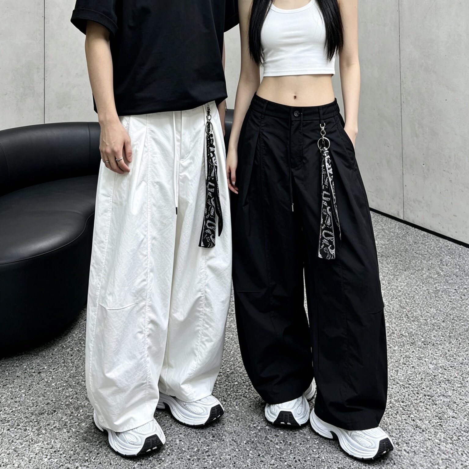 2026夏新款男女同款时尚丝巾腰头宽松高腰百搭阔腿裤休闲裤长裤男