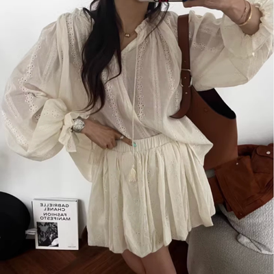 韩国 时尚长袖刺绣提花衬衫+半身裙套装 女