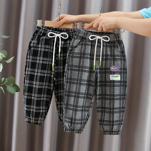 男童裤子春秋新款纯棉宝宝格子休闲潮裤小童洋气女童运动婴儿长裤
