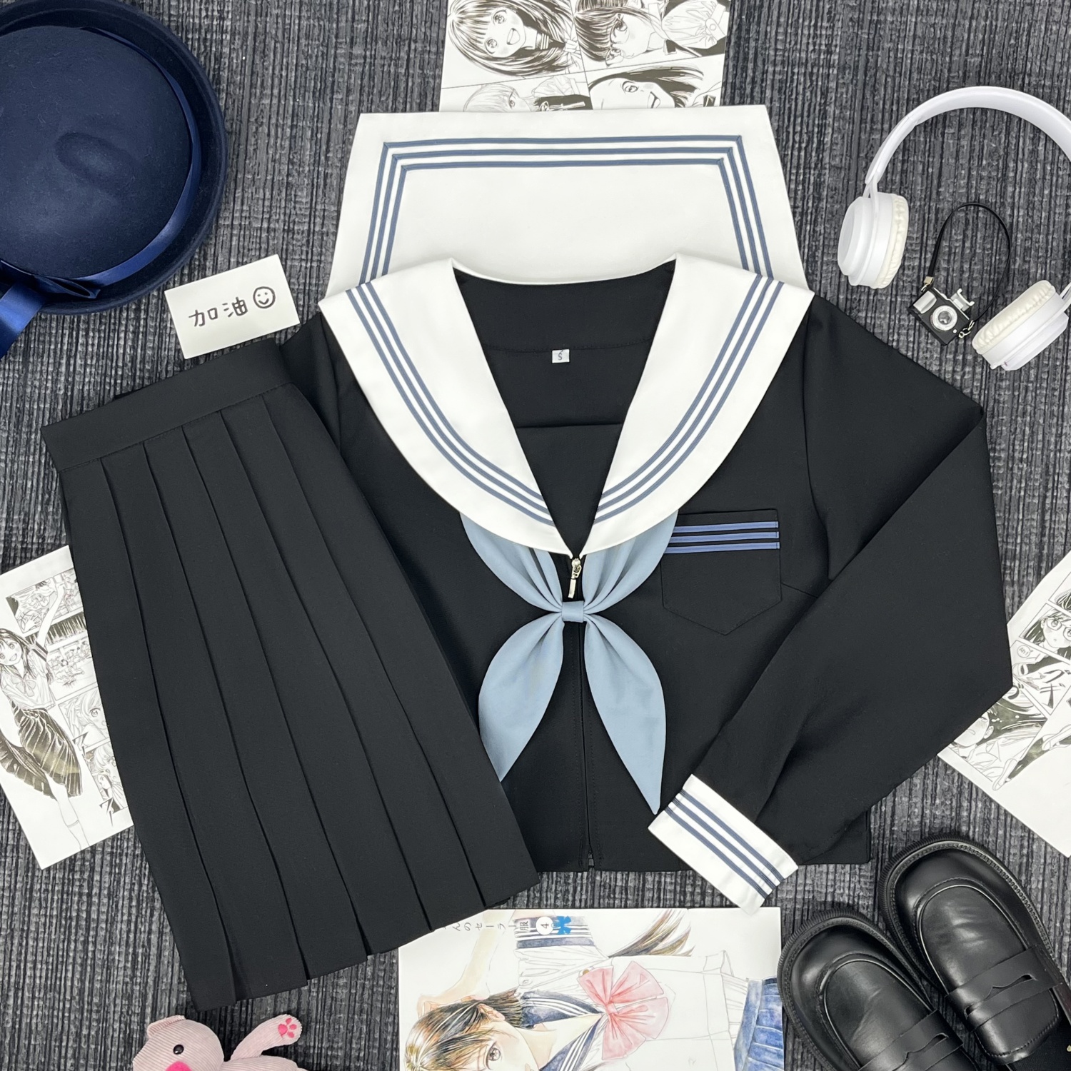 兔言舍黑身白领蓝三本水手服百褶裙套装日系学院风原创甜美JK制服