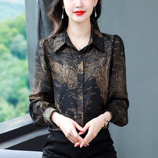 襯衣女士雪紡衫 時尚 上衣 復古媽媽裝 新款 氣質印花襯衫 女2025春秋季