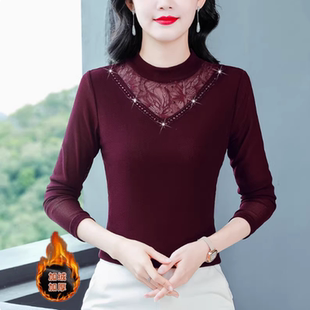 春秋洋氣媽媽小衫 長袖 打底衫 女網紗中老年女上衣 蕾絲內搭2024新款